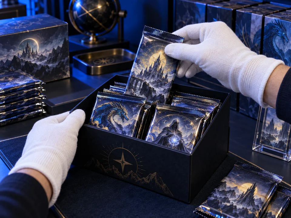 Sealed trading-card packs worden zorgvuldig geselecteerd